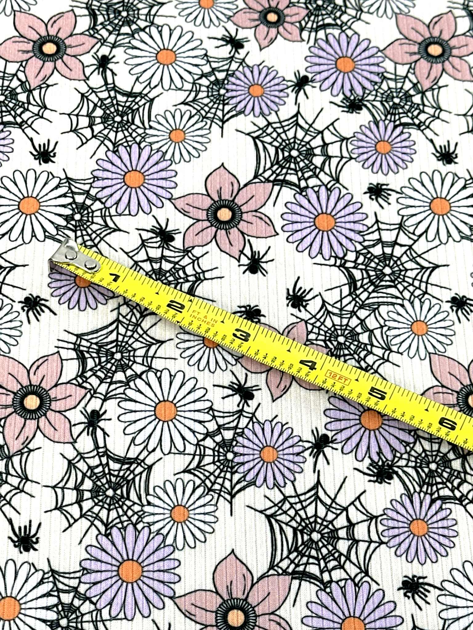 (4X2 RIB) SPIDERWEBS, FLOWERS, AND SPIDERS ON LIGHT CREAM