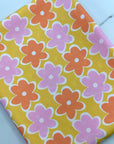 (POLYESTER) PINK AND ORANGE FLOWERS ON MUSTARD