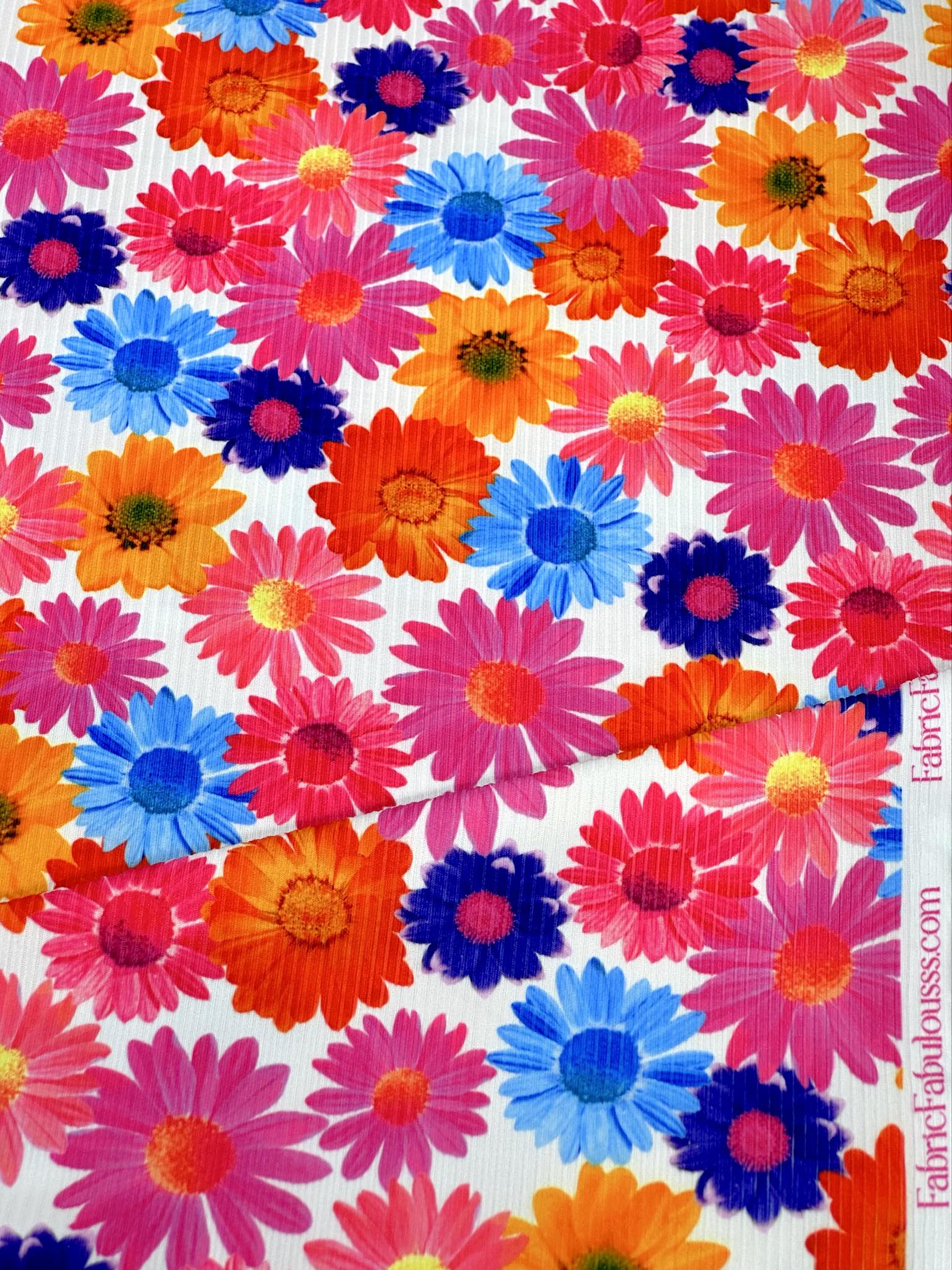 (YUMMY RIB) PINK, ORANGE, PURPLE, AND BLUE FLOWERS ON OFF WHITE (1)