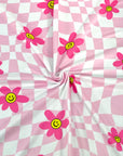 (DBP) PRETTY PINK, YELLOW HAPPY FACE FLOWERS ON LIGHT PINK CHECKERED WAVE