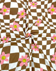 (DBP) PINK, YELLOW HAPPY FACE FLOWERS ON BROWN CHECKERED WAVE