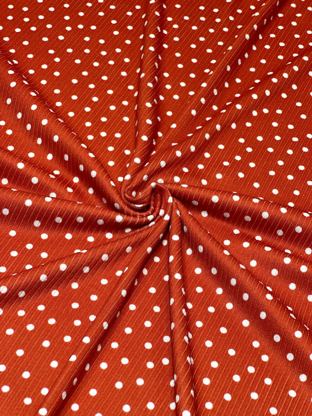 (4X2 RIB) TINY OFF WHITE POLKA DOTS ON RED