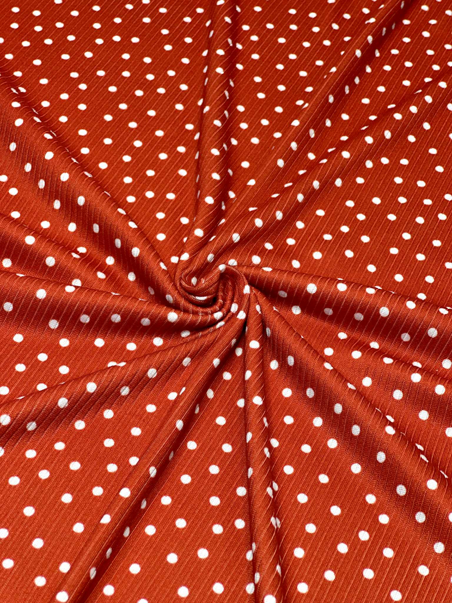 (4X2 RIB) TINY OFF WHITE POLKA DOTS ON RED