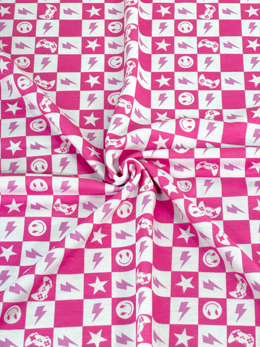 (FRENCH TERRY) PINK GAMER AND HAPPY FACES CHECKERED PRINT (1)