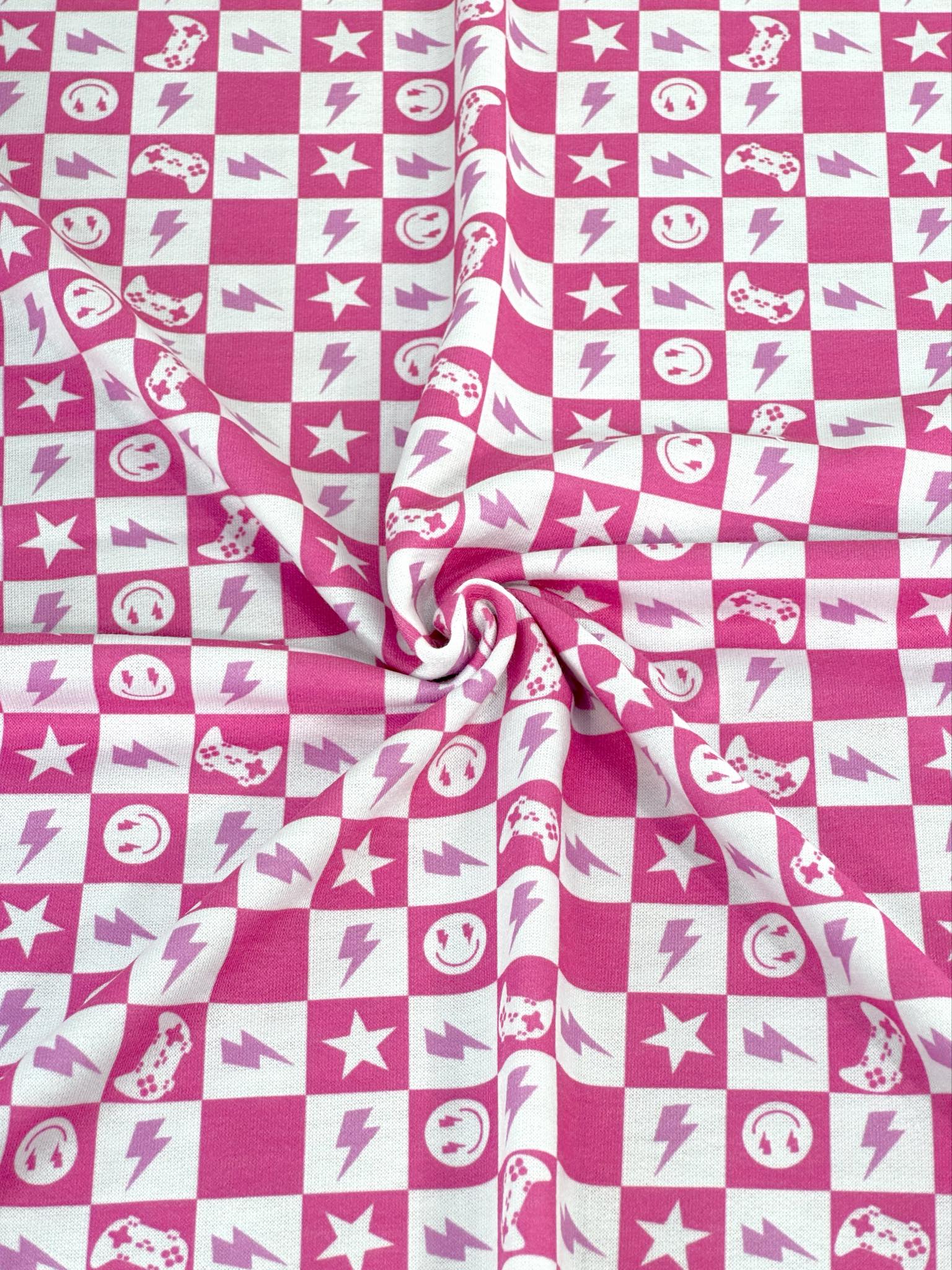 (FRENCH TERRY) PINK GAMER AND HAPPY FACES CHECKERED PRINT (1)