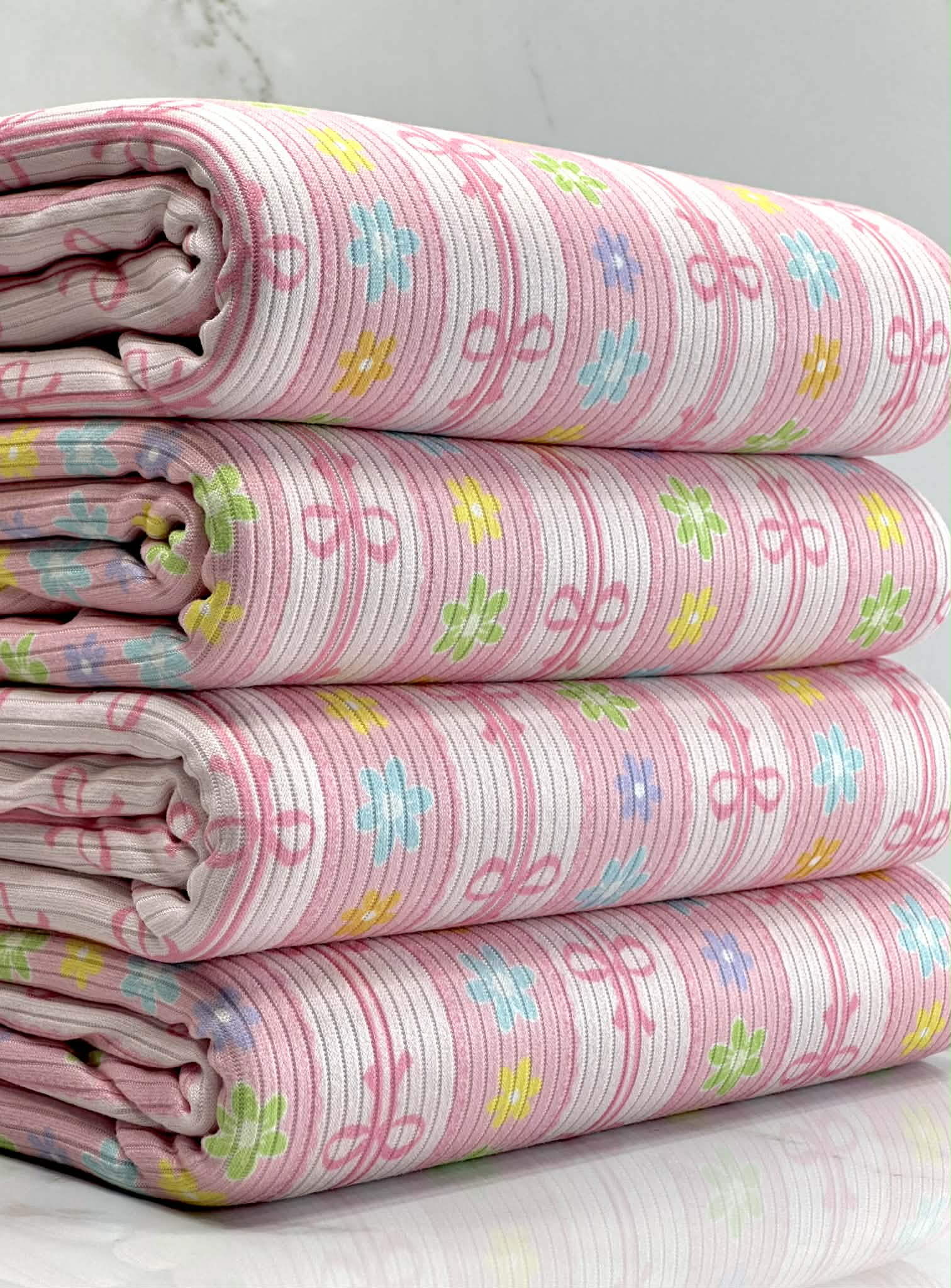 (4X2 YUMMY RIB) COLORFUL FLOWERS AND PINK BOW PATTERN (2)