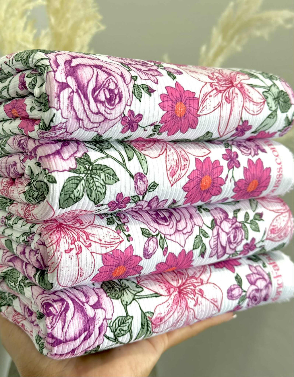 (4X2 RIB) MAGENTA AND PINK HATTIE FLOWERS ON OFF WHITE