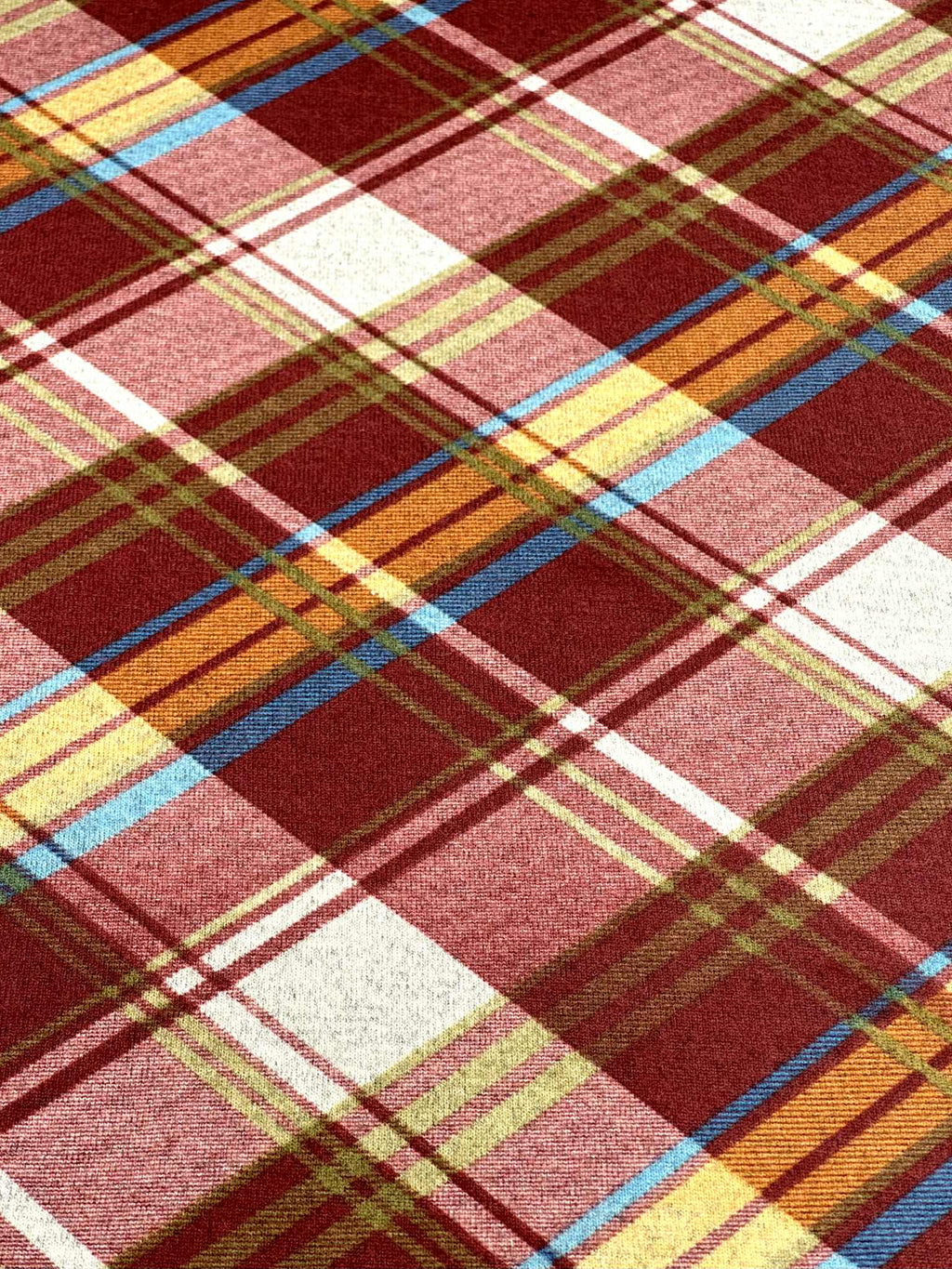 (SWEATER KNIT) BURGUNDY, MUSTARD, AND BLUE DIAGONAL PLAID