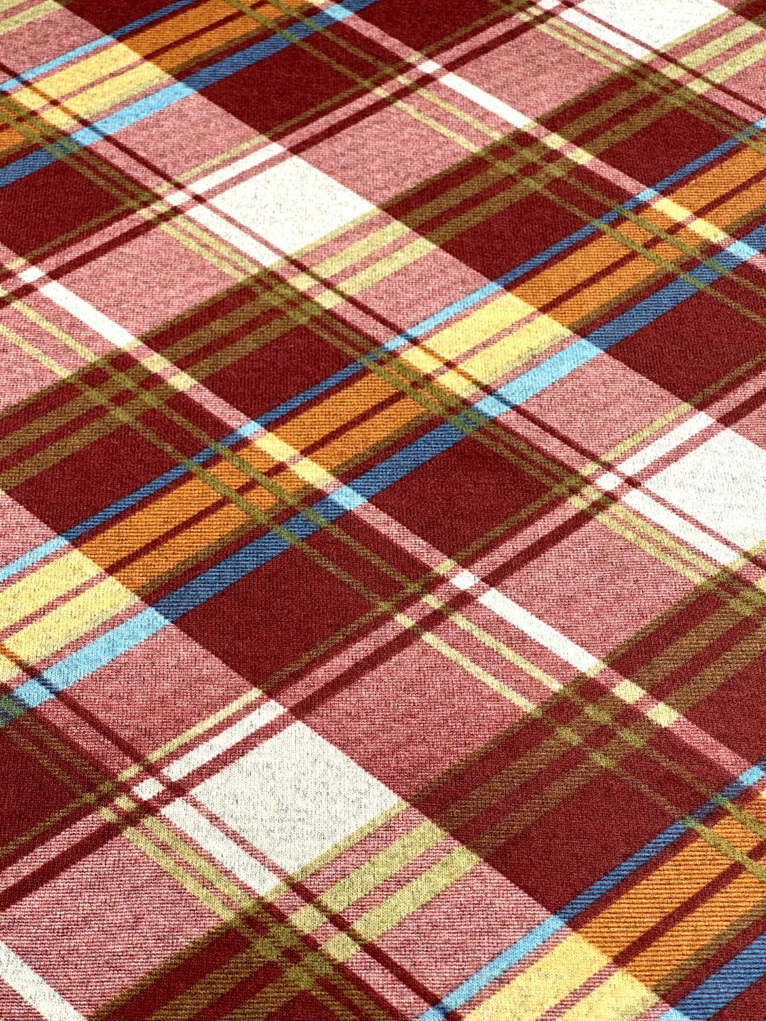 (SWEATER KNIT) BURGUNDY, MUSTARD, AND BLUE DIAGONAL PLAID