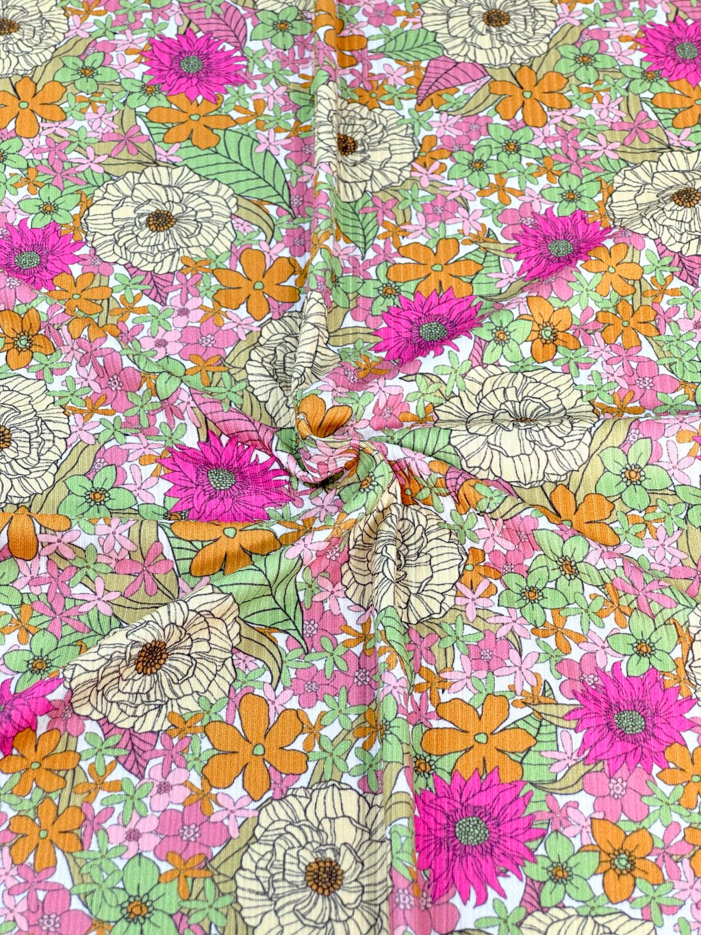(YUMMY RIB) PINK, YELLOW, GREEN, AND ORANGE FLOWERS ON OFF WHITE