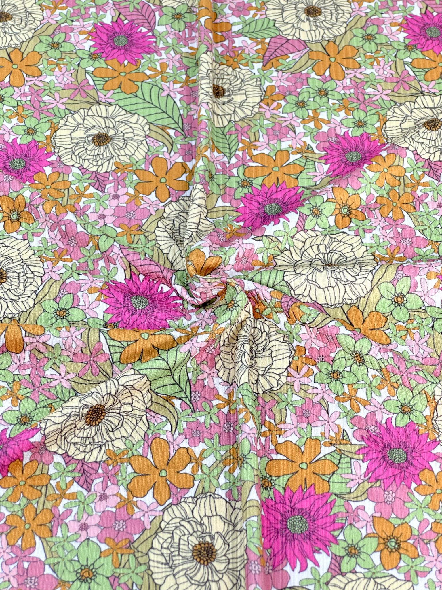 (YUMMY RIB) PINK, YELLOW, GREEN, AND ORANGE FLOWERS ON OFF WHITE