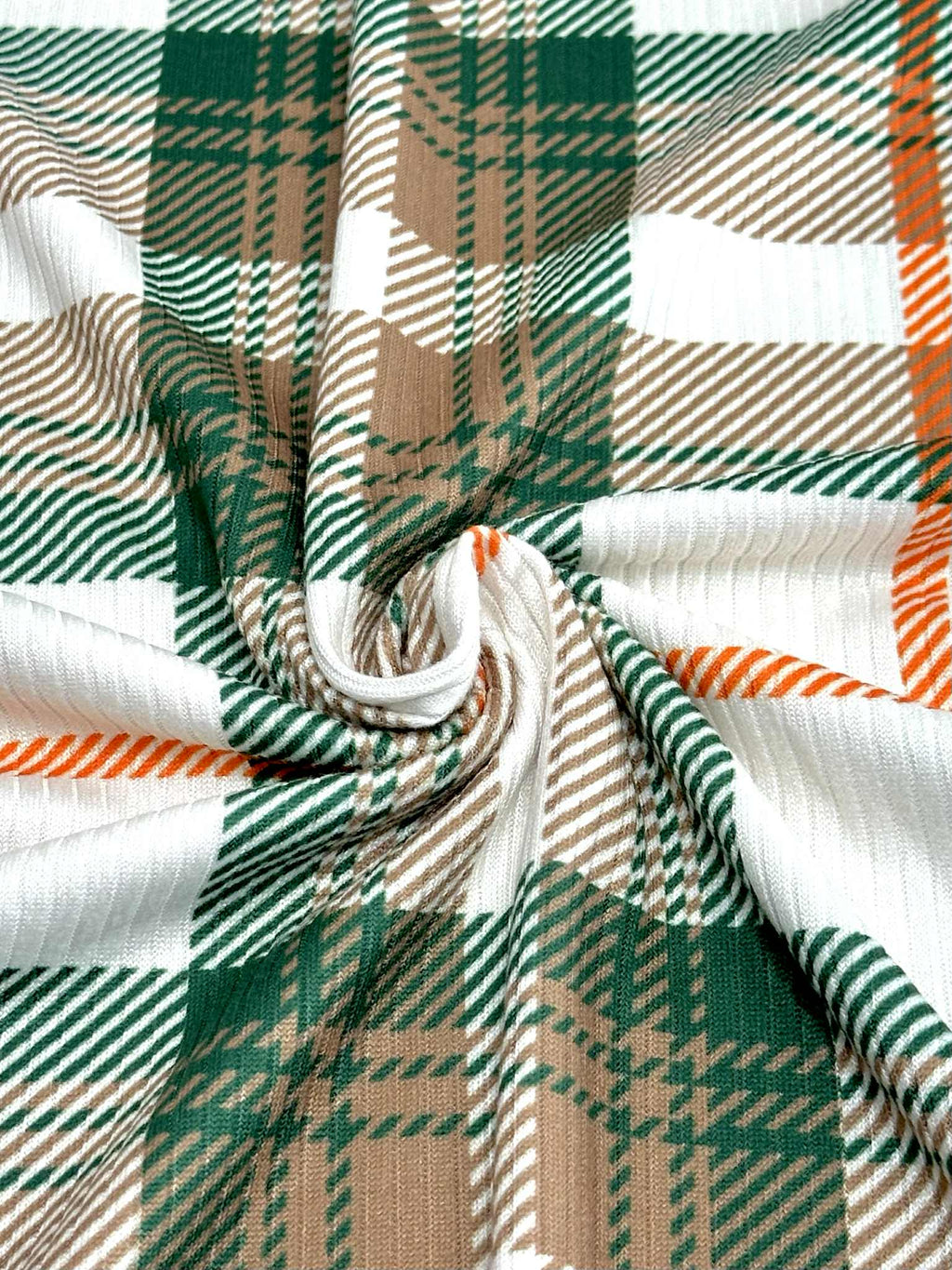 (4X2 RIB) EMERALD, ORANGE, TAN AND OFF WHITE PLAID