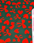 (4X2 YUMMY RIB) RED HEARTS AND BOWS ON VINTAGE DARK GREEN