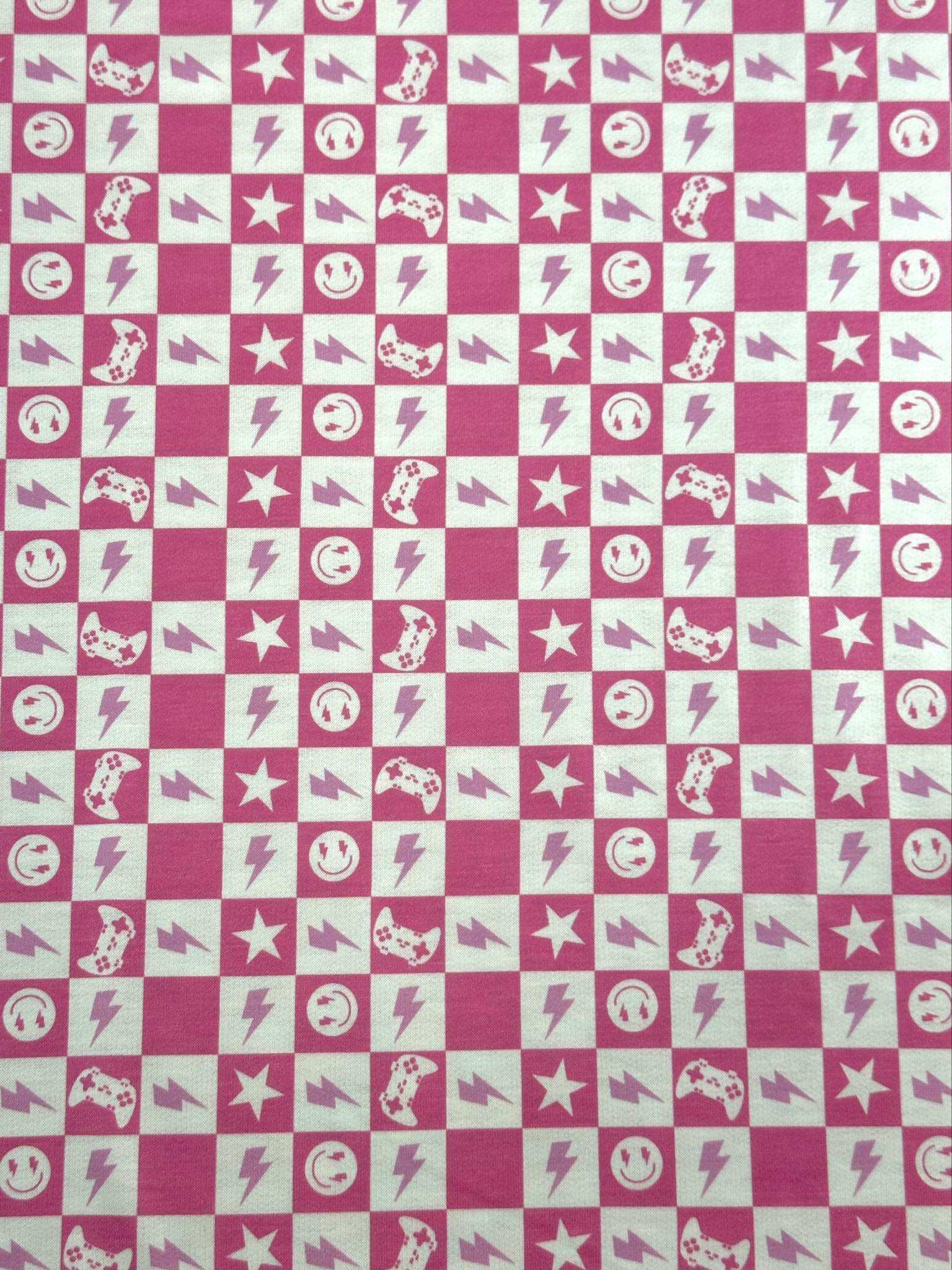 (FRENCH TERRY) PINK GAMER AND HAPPY FACES CHECKERED PRINT