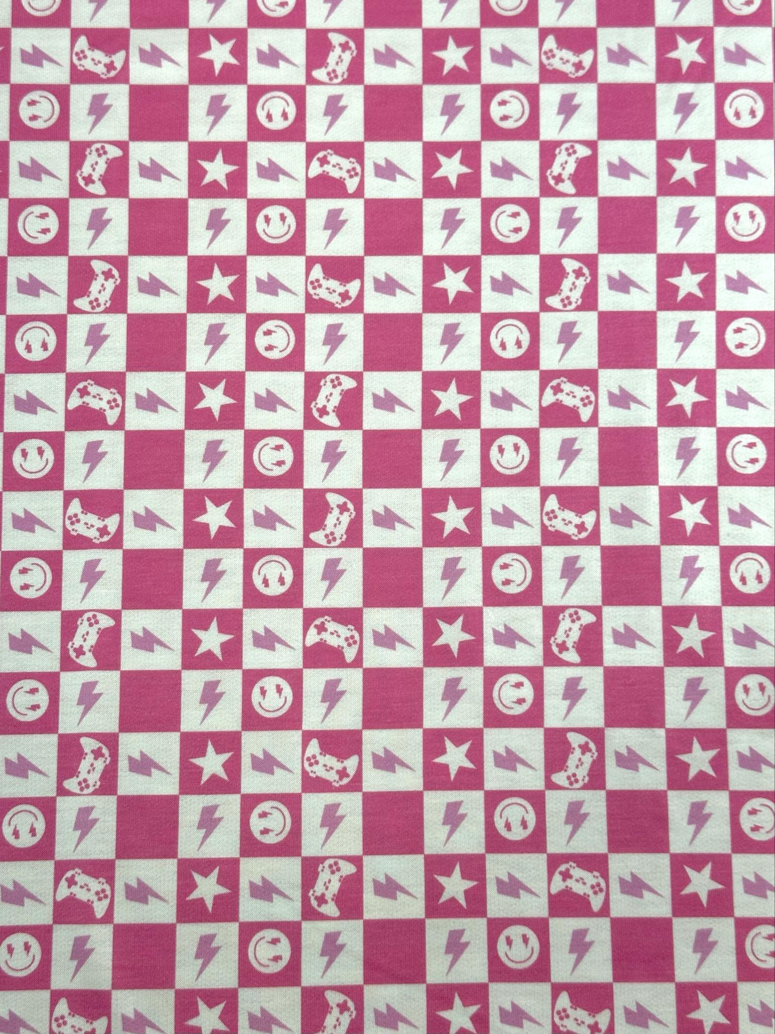 (FRENCH TERRY) PINK GAMER AND HAPPY FACES CHECKERED PRINT (1)