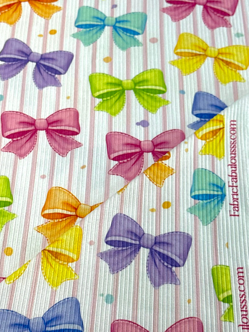 (4X2 YUMMY RIB) COLORFUL BOWS AND PINK STRIPES ON OFF WHITE
