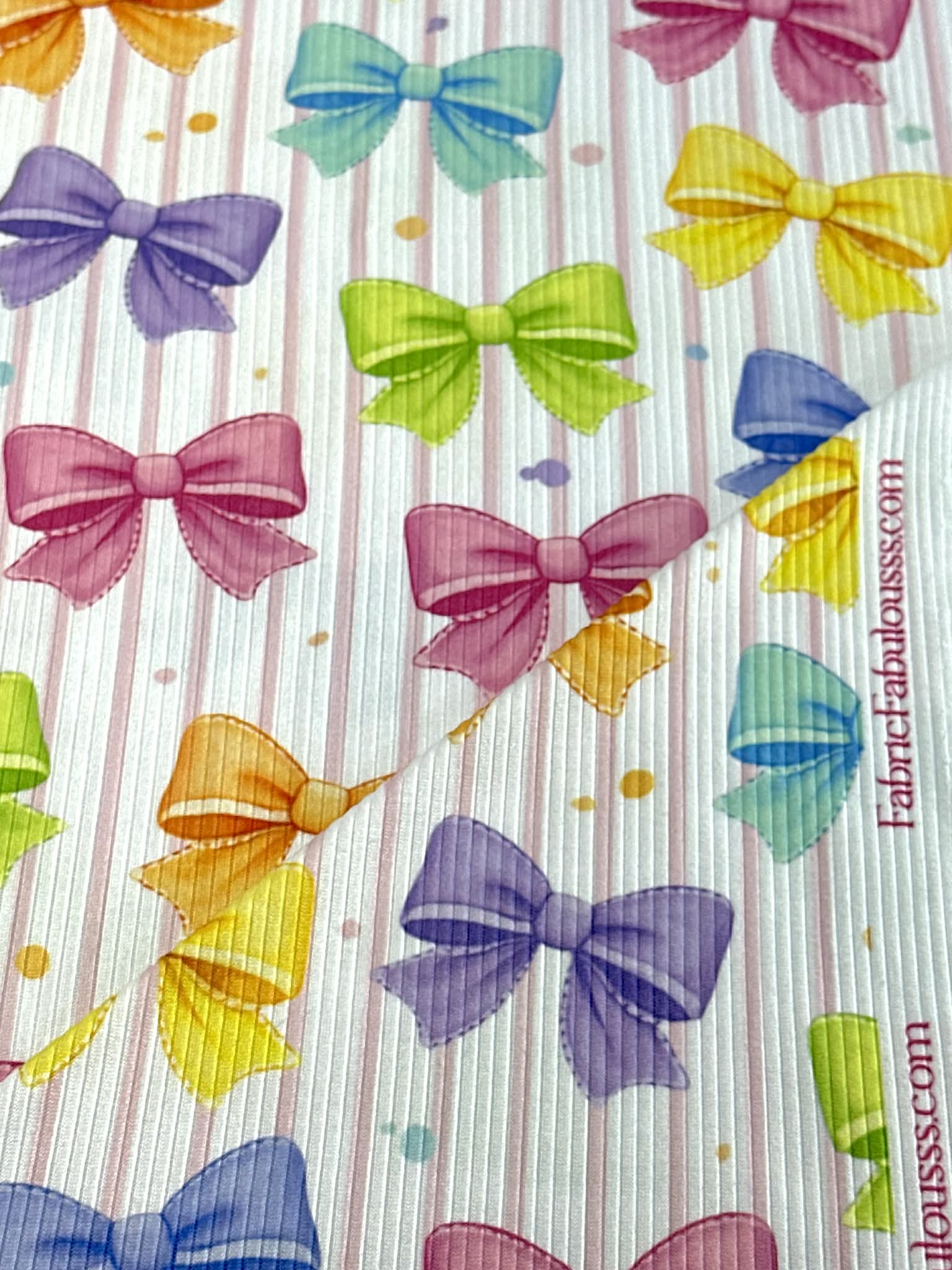 (4X2 YUMMY RIB) COLORFUL BOWS AND PINK STRIPES ON OFF WHITE