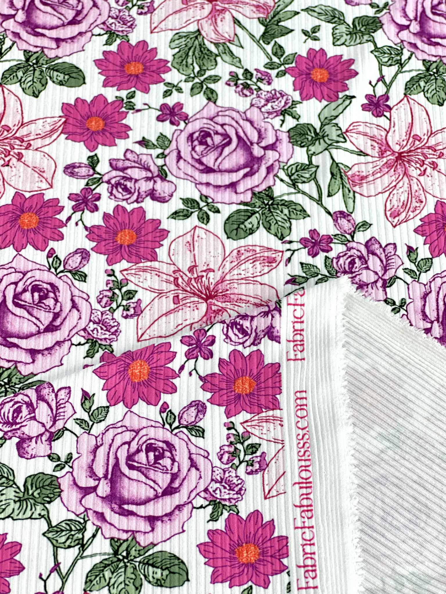 (4X2 RIB) MAGENTA AND PINK HATTIE FLOWERS ON OFF WHITE