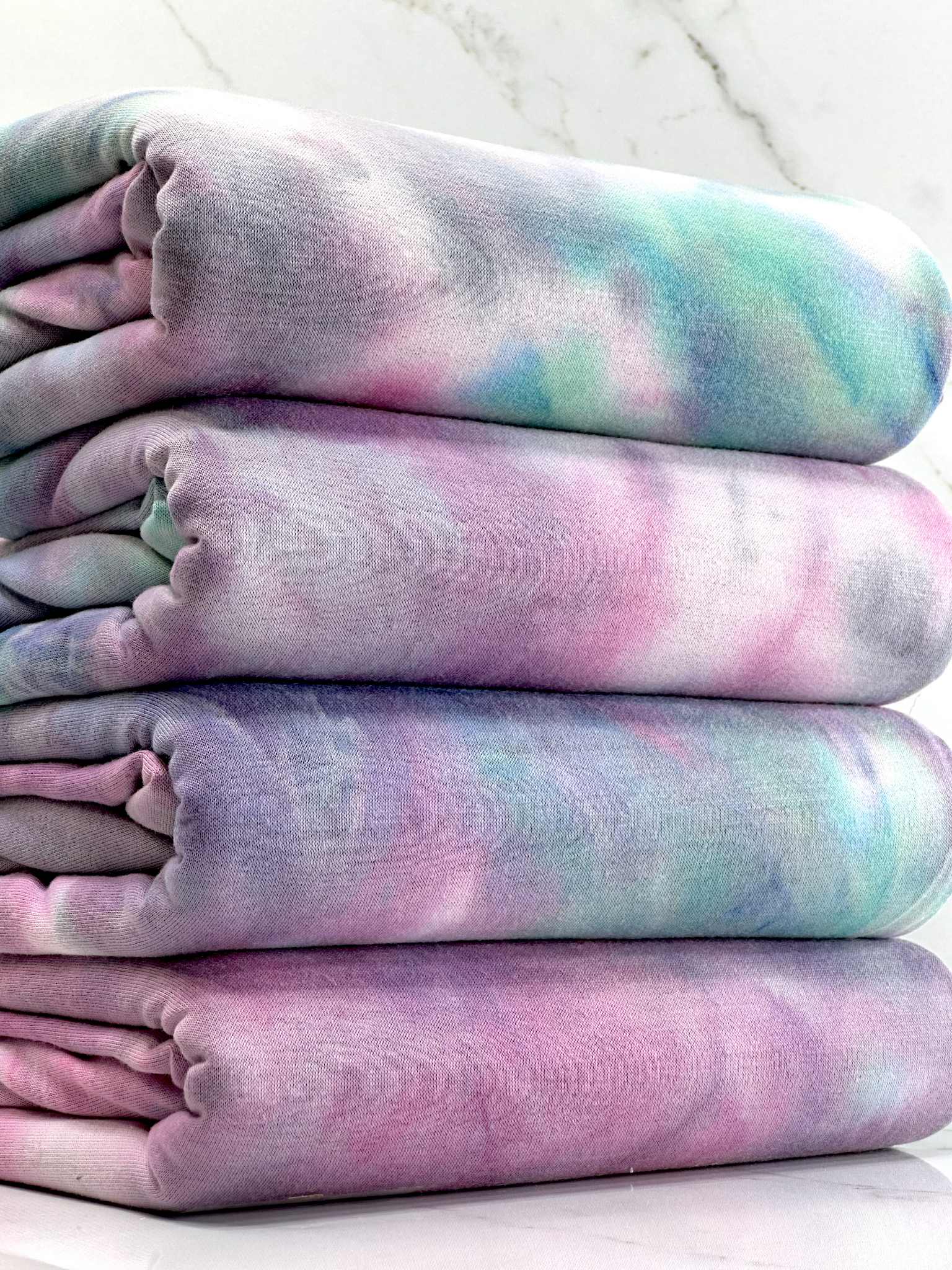 (FRENCH TERRY) PURPLE, PINK, AND AQUA TIE DYE