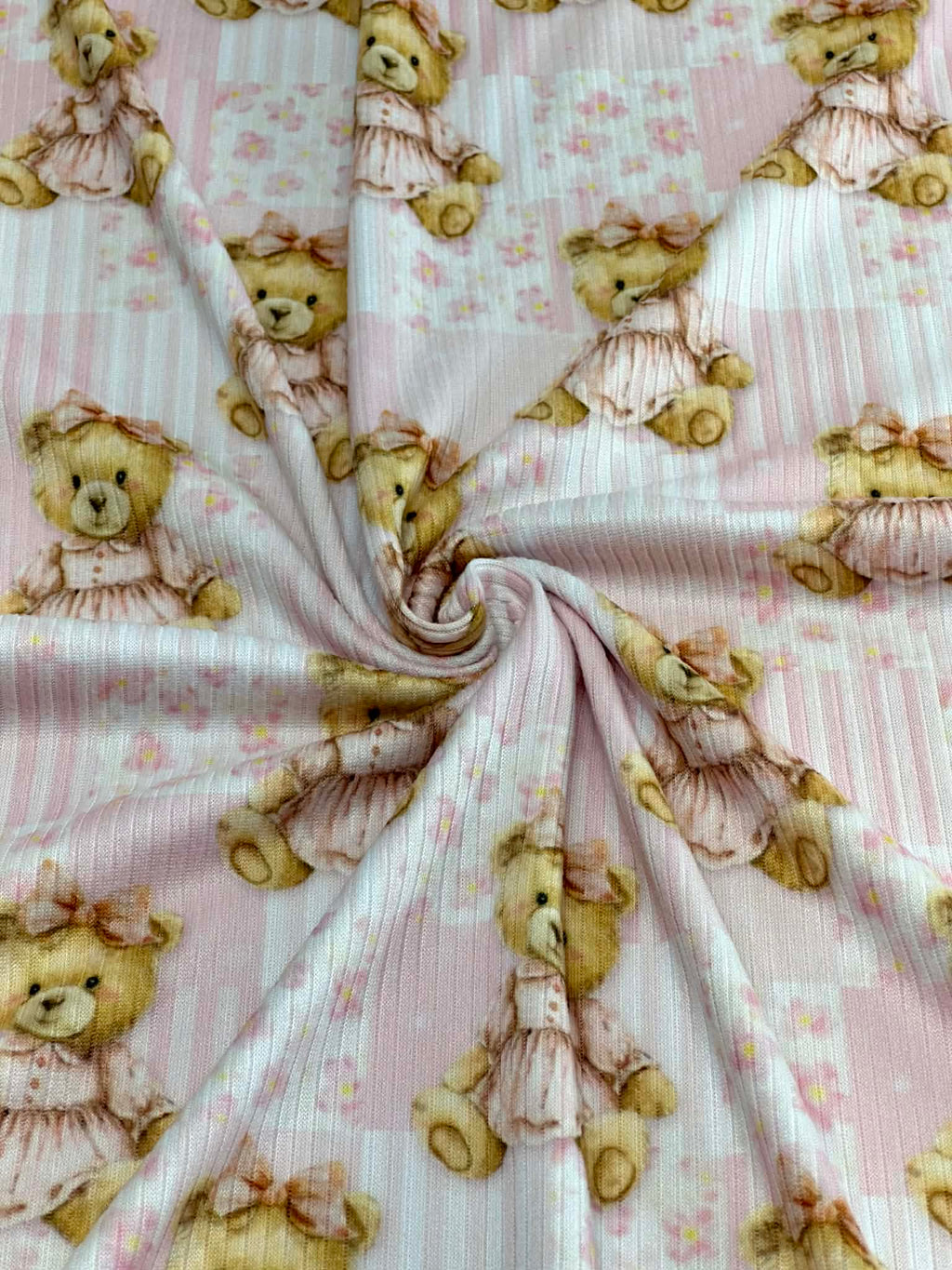 (4X2 YUMMY RIB) TEDDY BEARS, BABY PINK FLOWERS AND STRIPES PATTERN