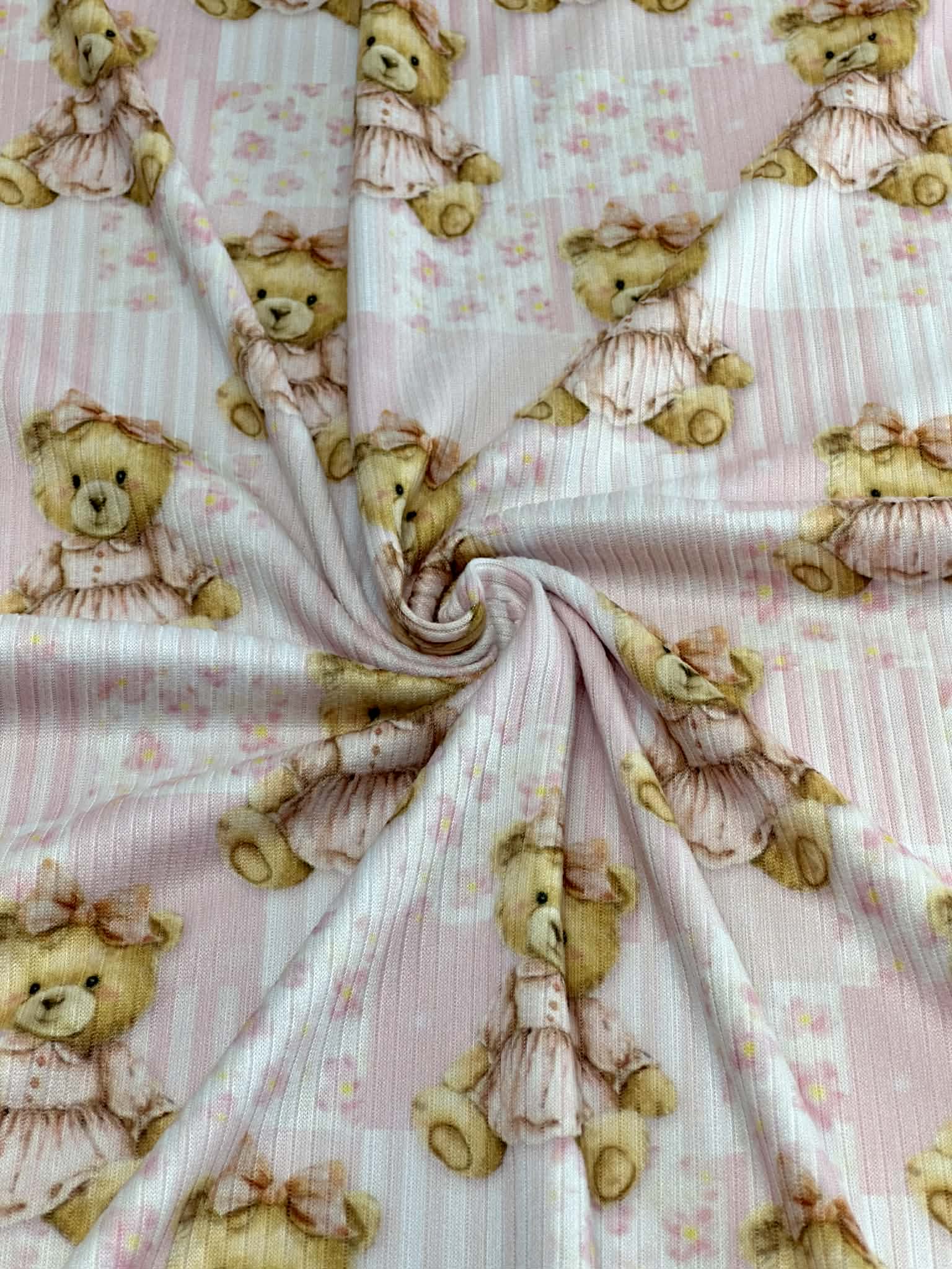 (4X2 YUMMY RIB) TEDDY BEARS, BABY PINK FLOWERS AND STRIPES PATTERN