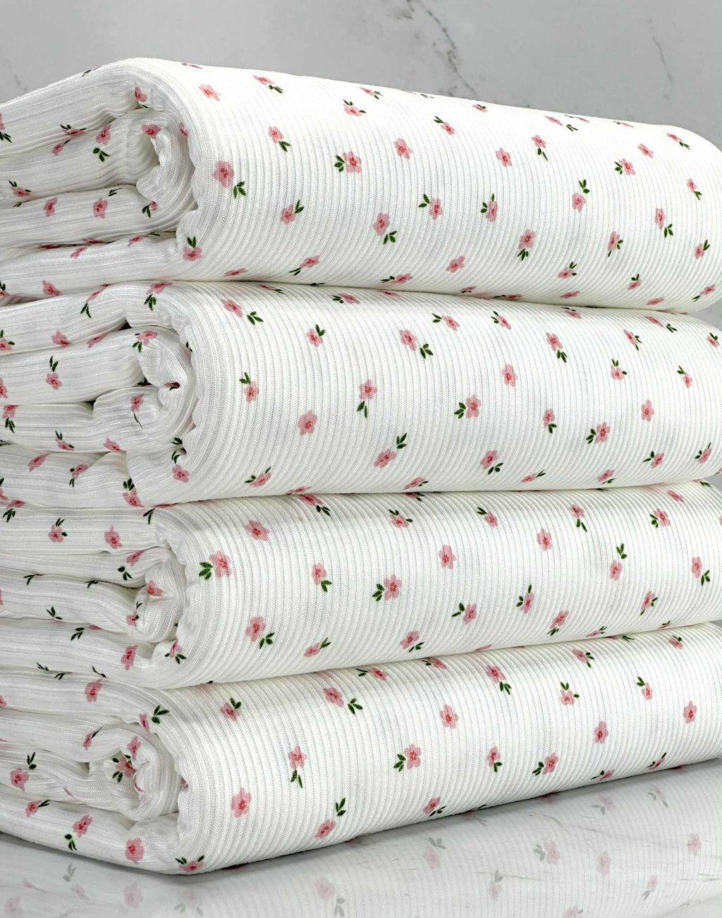 (2X2 RIB) TINY PINK FLOWERS ON OFF WHITE