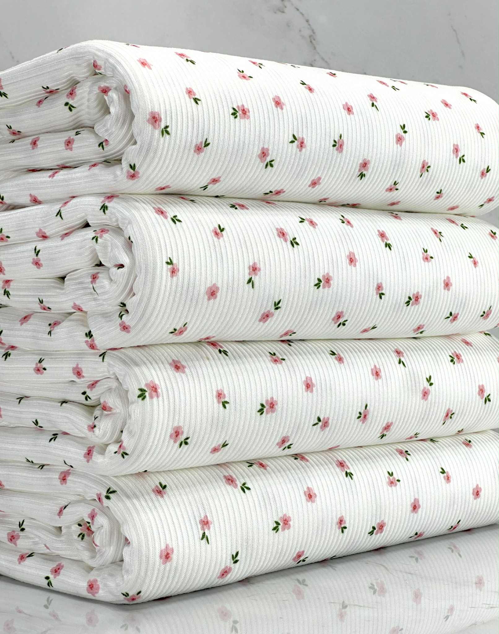 (2X2 RIB) TINY PINK FLOWERS ON OFF WHITE
