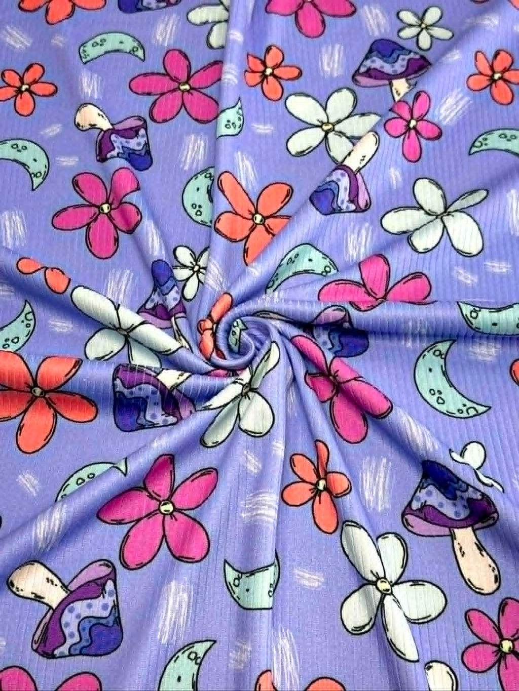 (4X2 YUMMY RIB) MUSHROOMS AND FLOWERS ON BLUE