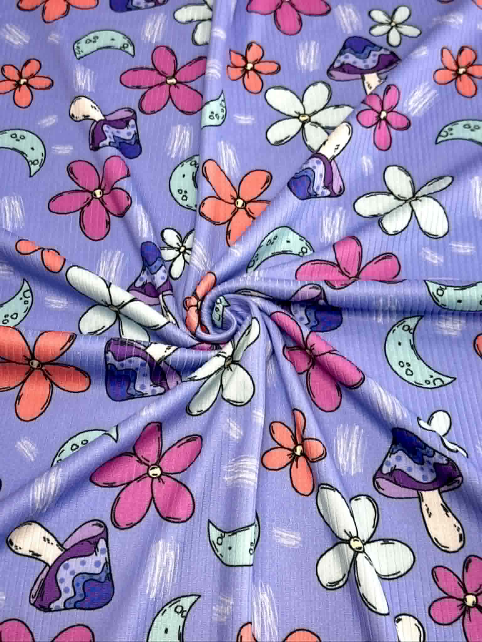 (4X2 YUMMY RIB) MUSHROOMS AND FLOWERS ON BLUE
