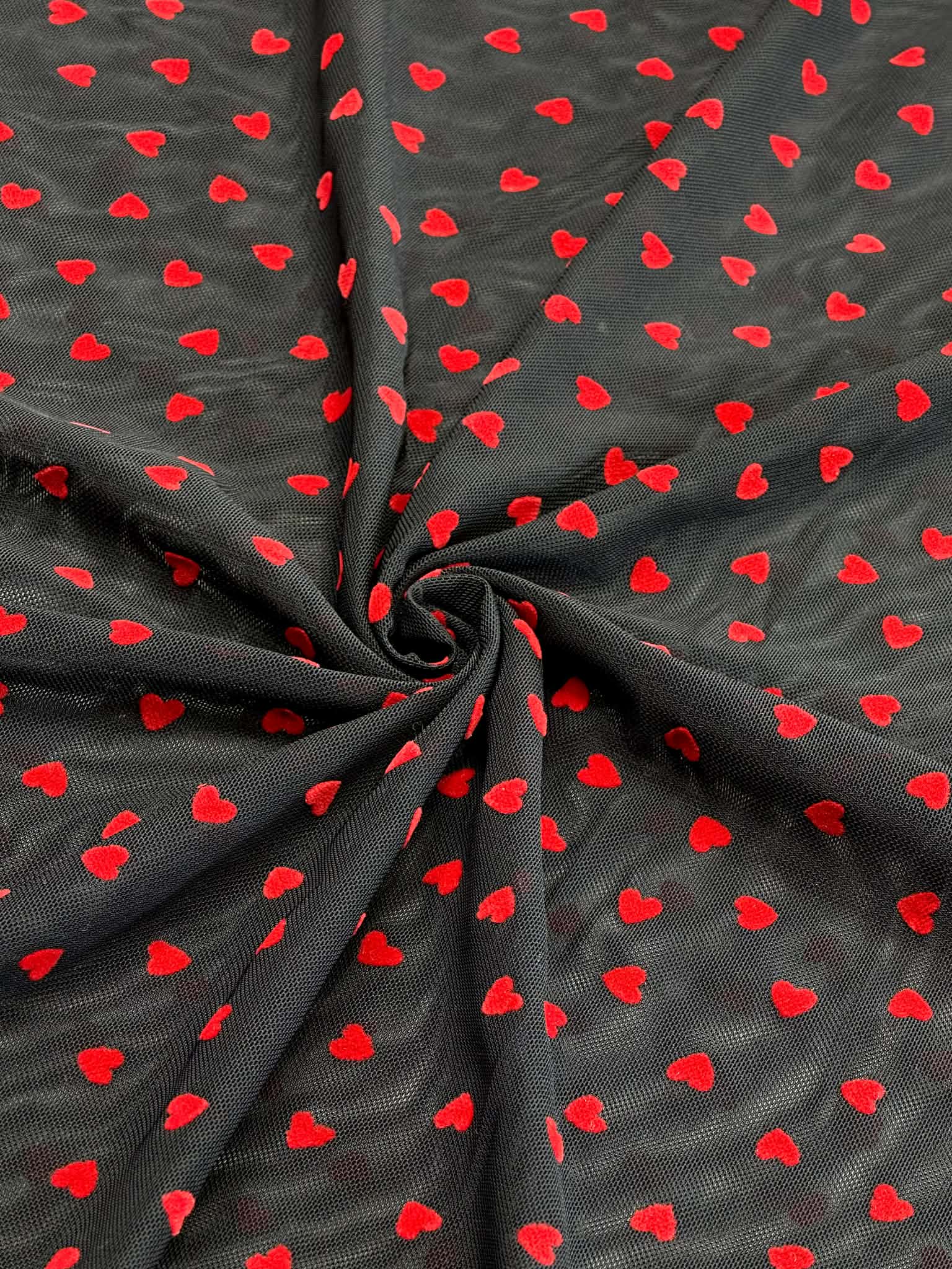 (MESH) TINY RED FLOCK HEARTS ON BLACK