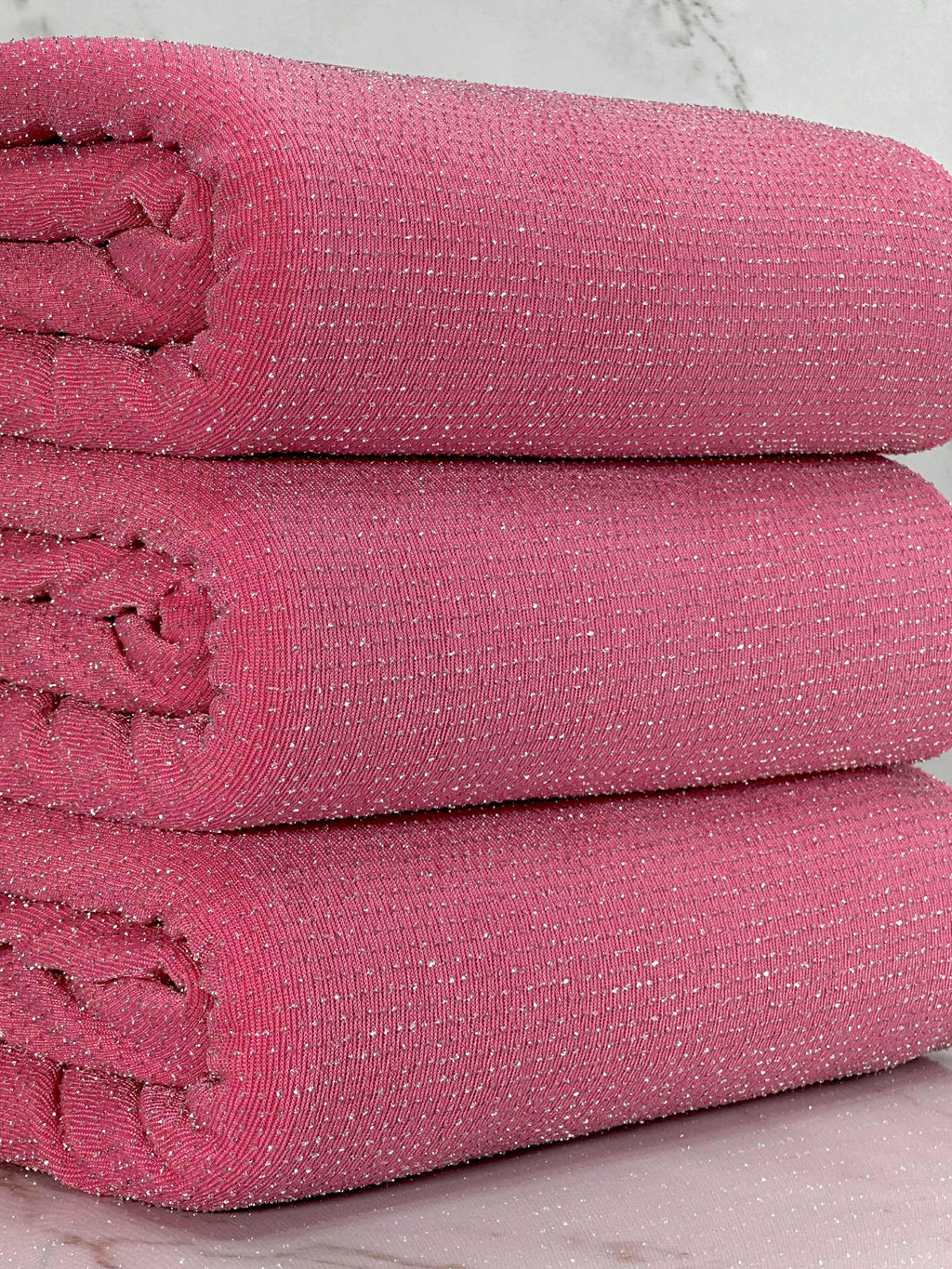 (LUREX NYLON SPANDEX) METALLIC POLKA DOT SILVER SHIMMER ON PINK (1)
