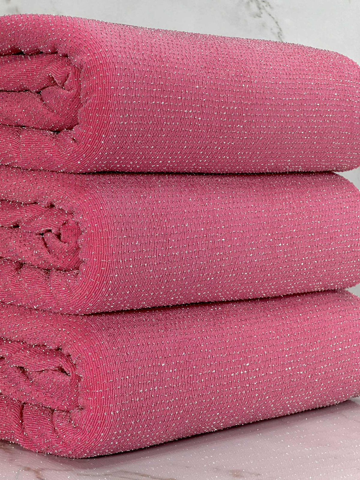 (LUREX NYLON SPANDEX) METALLIC POLKA DOT SILVER SHIMMER ON PINK (1)