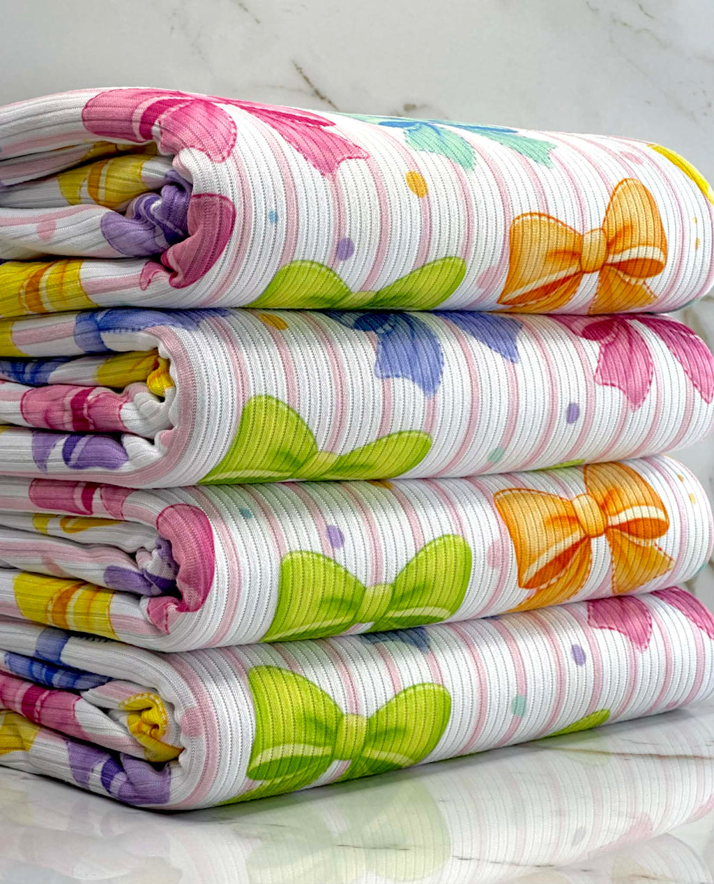(4X2 YUMMY RIB) COLORFUL BOWS AND PINK STRIPES ON OFF WHITE