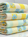 (2X2 RIB) BLUE AND YELLOW FLOWERS, POLKA DOTS AND STRIPES PATTERN