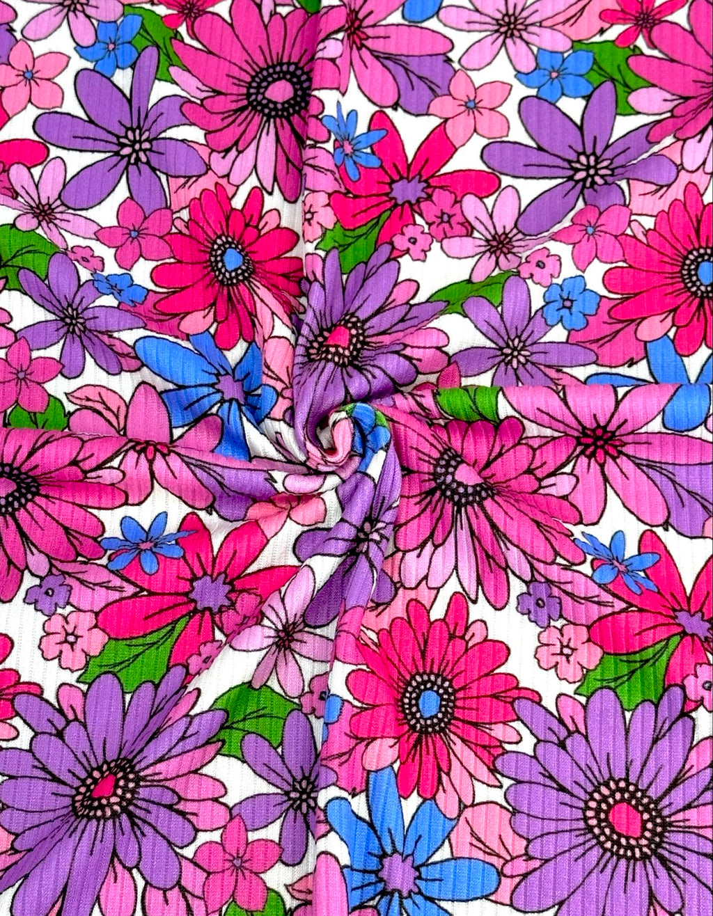 (YUMMY RIB) MAGENTA, PURPLE, FUCHSIA AND BLUE FLOWERS ON WHITE(2)