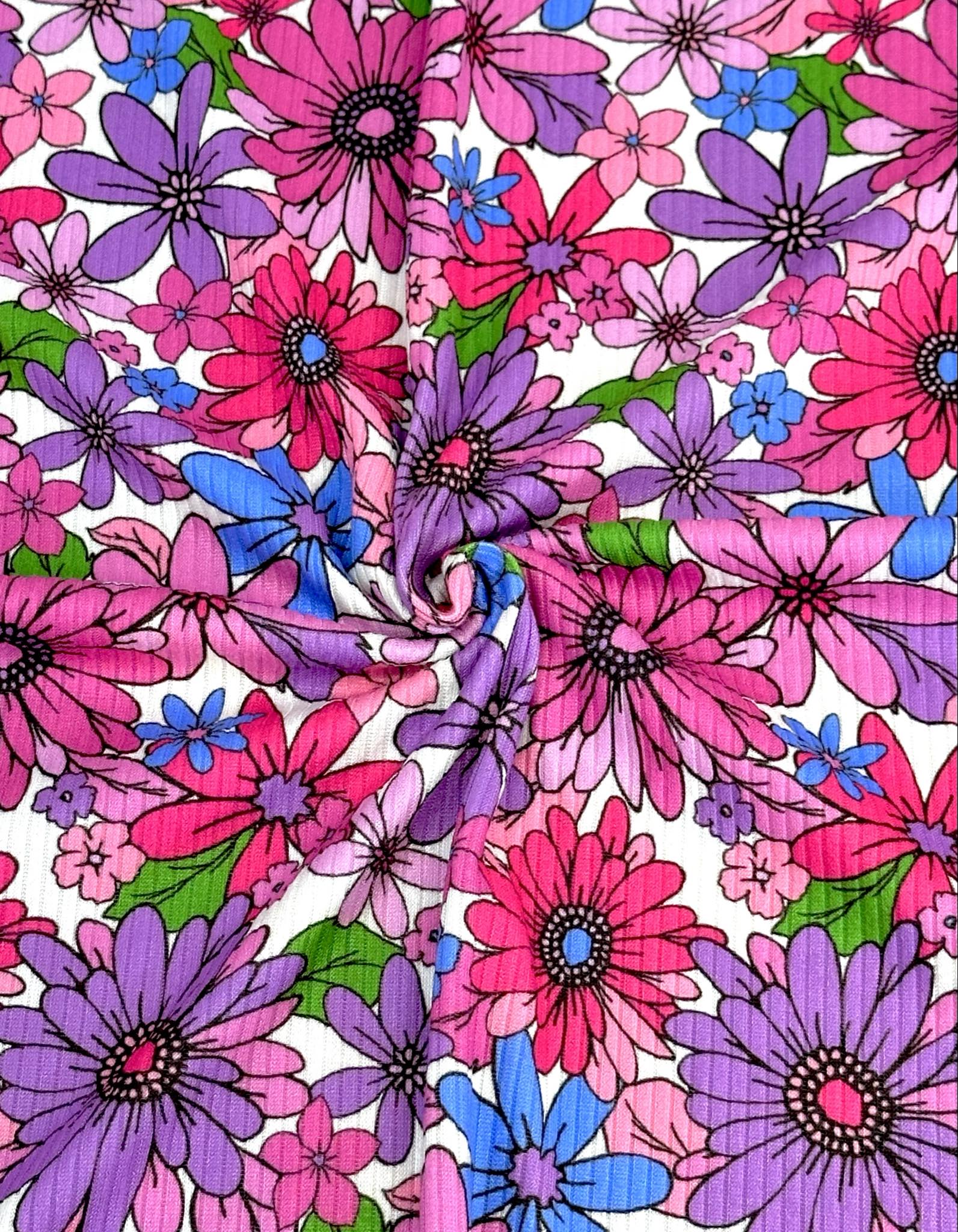 (YUMMY RIB) MAGENTA, PURPLE, FUCHSIA AND BLUE FLOWERS ON WHITE(2)