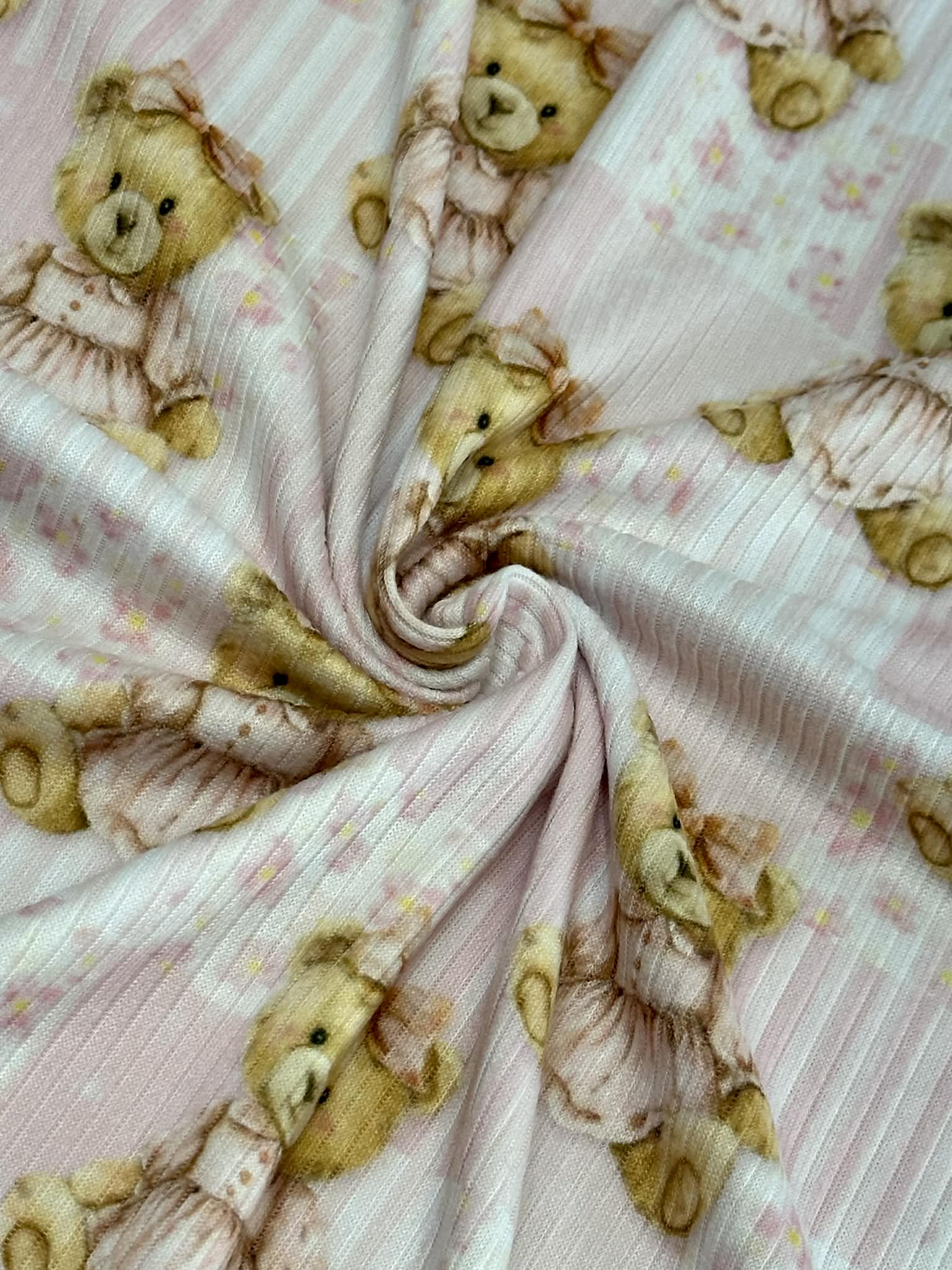 (4X2 YUMMY RIB) TEDDY BEARS, BABY PINK FLOWERS AND STRIPES PATTERN