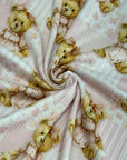 (4X2 YUMMY RIB) TEDDY BEARS, BABY PINK FLOWERS AND STRIPES PATTERN