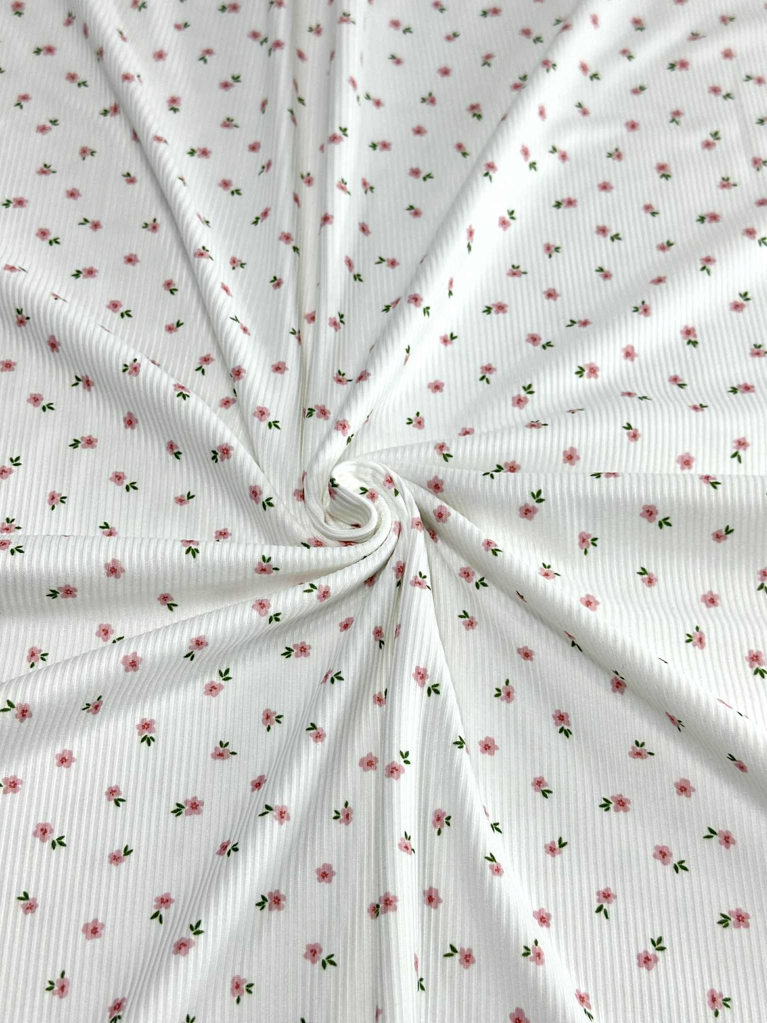 (2X2 RIB) TINY PINK FLOWERS ON OFF WHITE