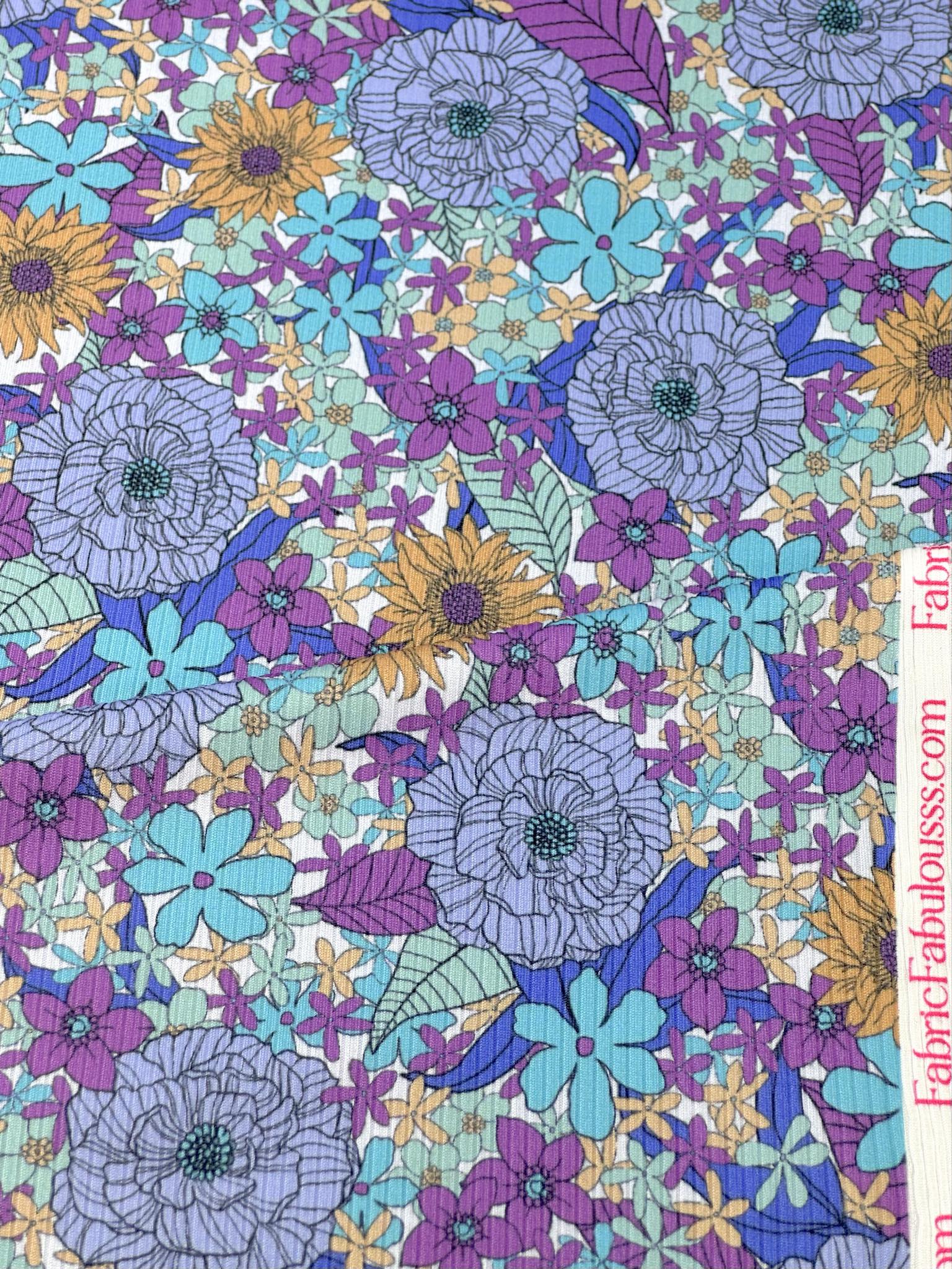 (YUMMY RIB) PURPLE, AQUA BLUE AND MUSTARD YELLOW FLOWERS ON OFF WHITE