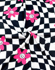 (YUMMY RIB) PINK, WHITE HAPPY FACE FLOWERS ON BLACK CHECKERED WAVE