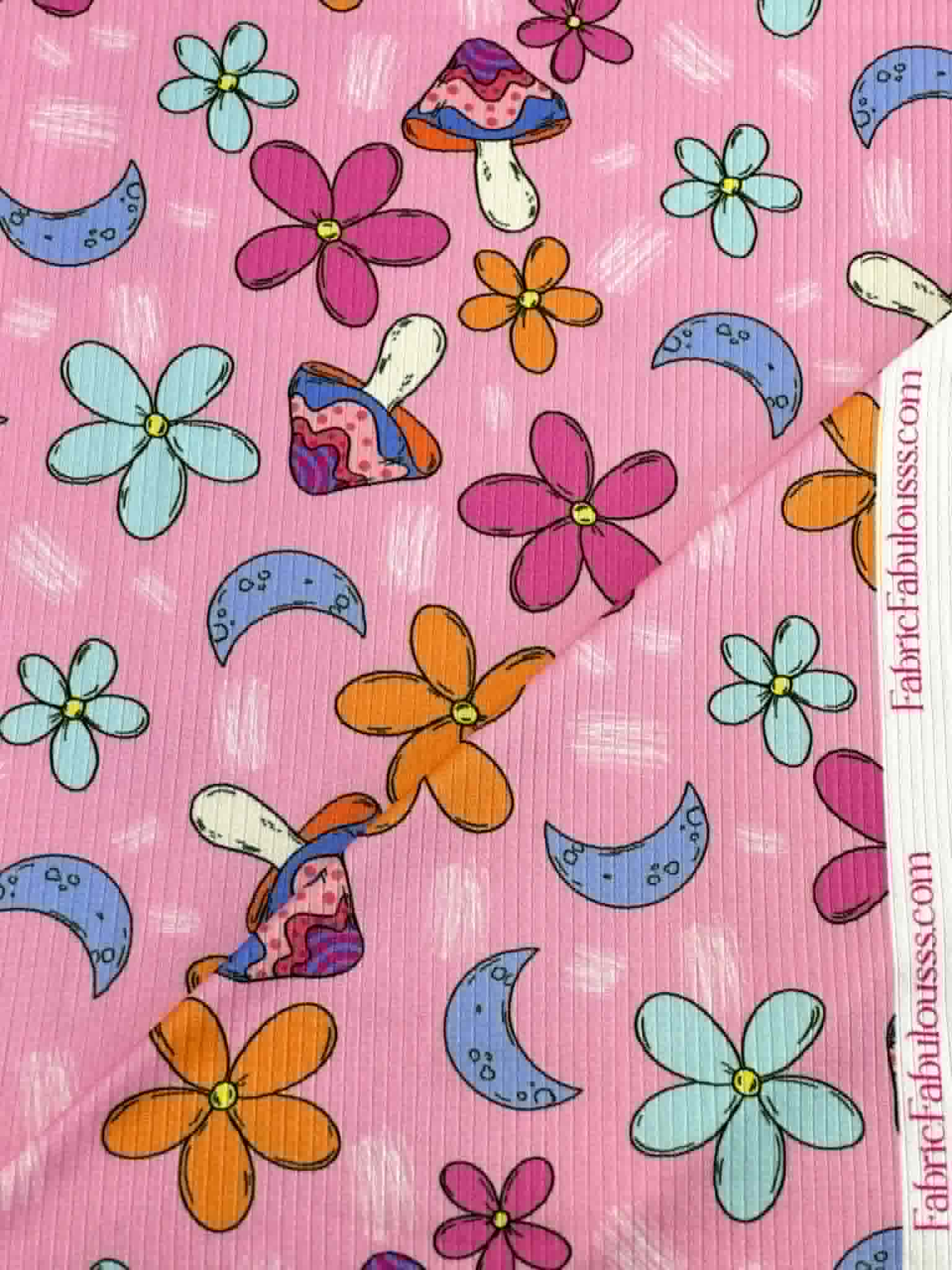 (4X2 YUMMY RIB) MUSHROOMS AND FLOWERS ON PINK
