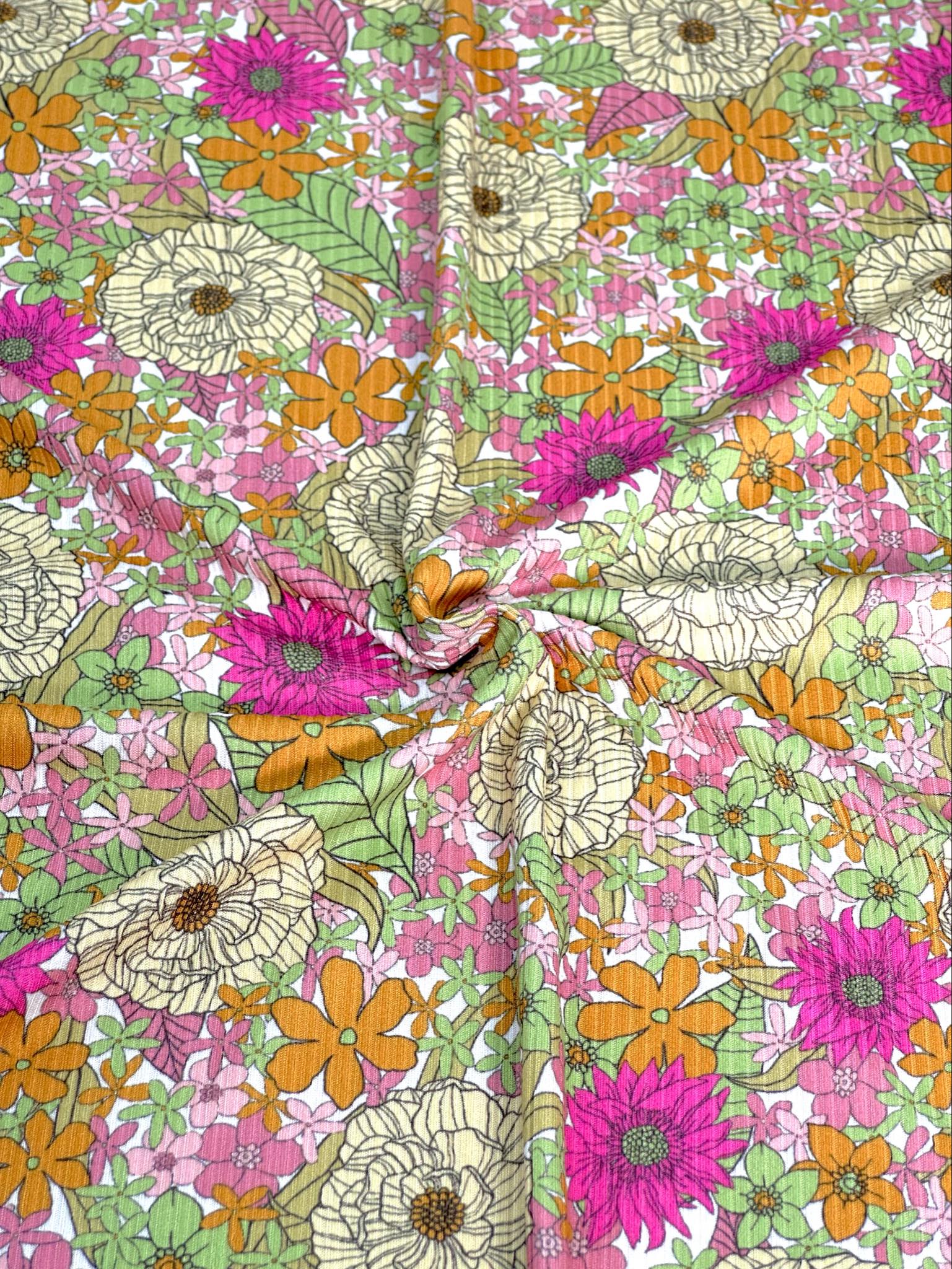 (YUMMY RIB) PINK, YELLOW, GREEN, AND ORANGE FLOWERS ON OFF WHITE