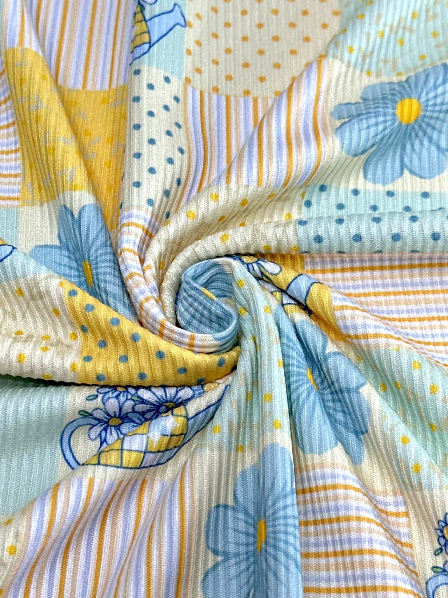 (2X2 RIB) BLUE AND YELLOW FLOWERS, POLKA DOTS AND STRIPES PATTERN