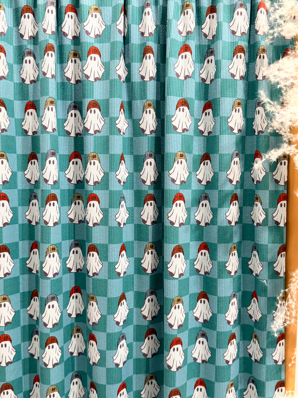 (2X2 YUMMY RIB) GHOSTS IN BEANIES ON TEAL/ AQUA CHECKERED