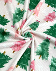 (4X2 RIB) PINK AND GREEN CHRISTMAS TREES WITH OFF WHITE BOWS ON LIGHT PINK