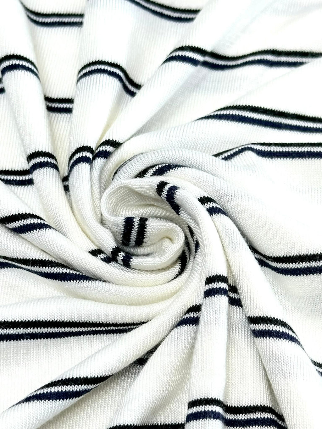 (RAYON MODAL) BLACK AND NAVY STRIPES ON OFF WHITE