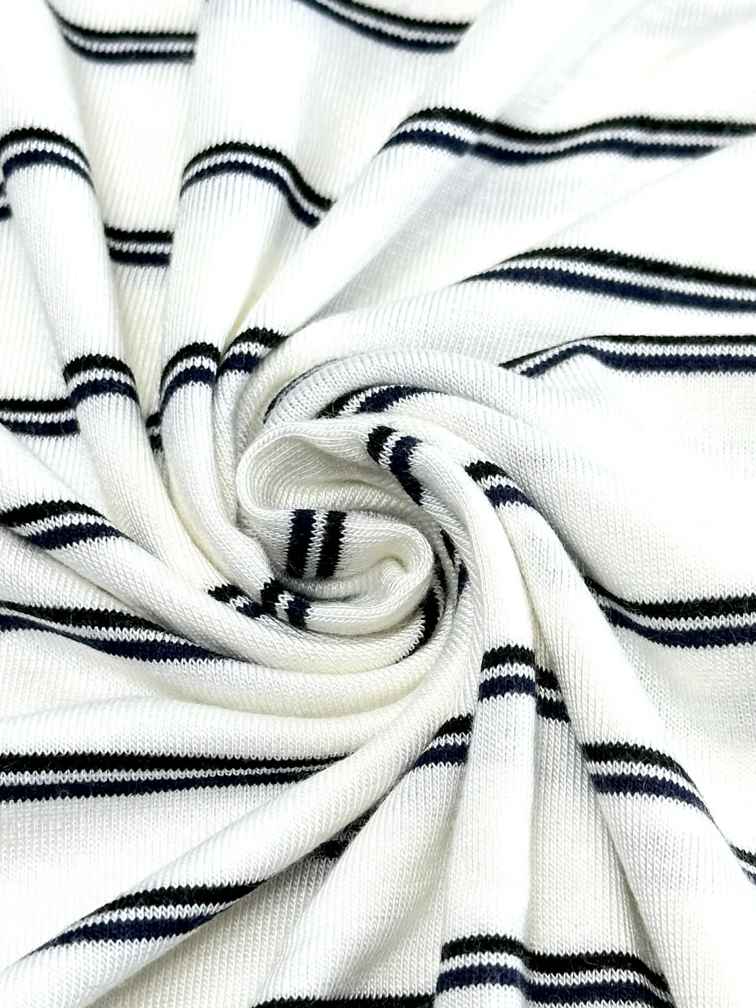 (RAYON MODAL) BLACK AND NAVY STRIPES ON OFF WHITE