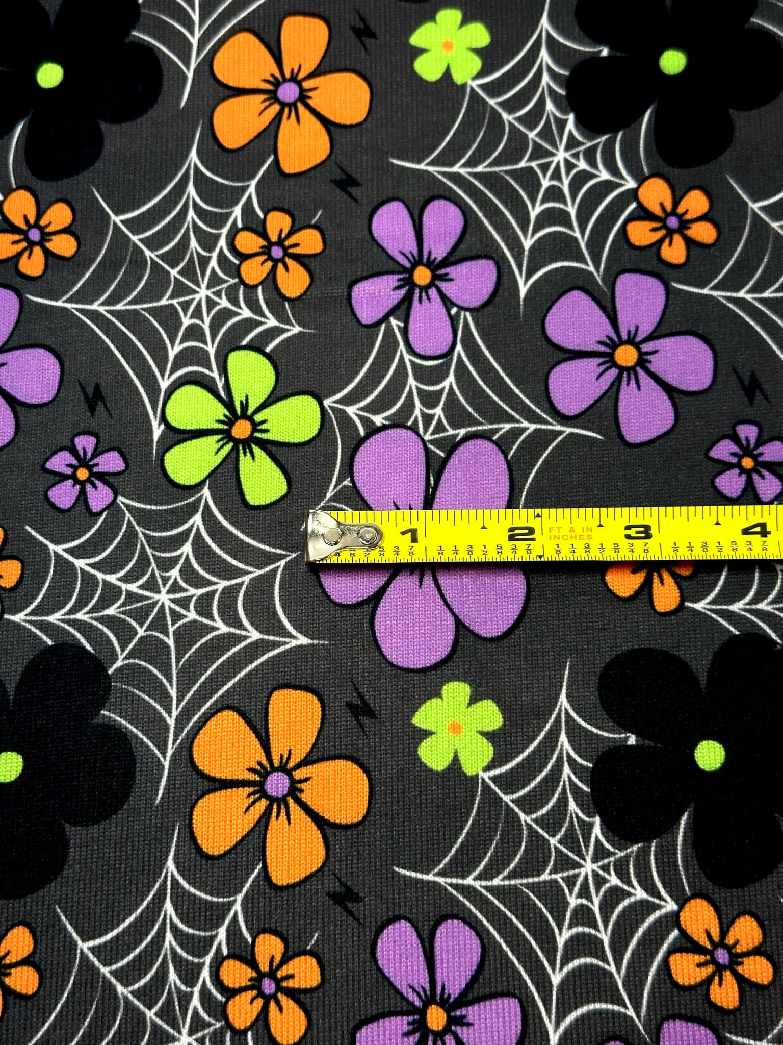 (SWEATER KNIT/OAKLEY) SMALL COLORFUL FLOWERS &amp; SPIDERWEBS ON CHARCOAL