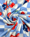 (2X2 YUMMY RIB) CHERRIES AND BLUEBERRIES WITH BOWS ON BLUE AND OFF WHITE CHECKERED